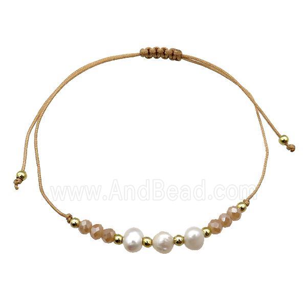 Pearl Bracelet With Crystal Glass Adjustable Beige