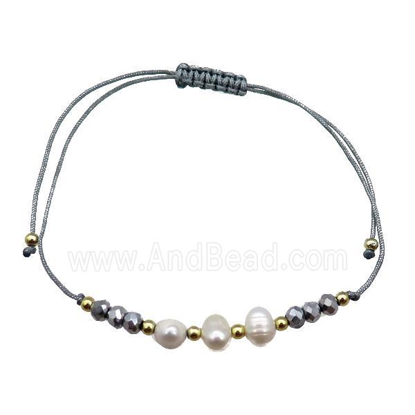 Pearl Bracelet With Crystal Glass Adjustable Gray