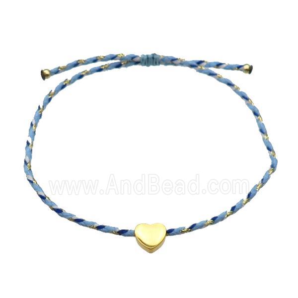 Blue Waxed Fabric Bracelet Heart Adjustable