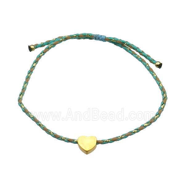 Green Waxed Fabric Bracelet Heart Adjustable