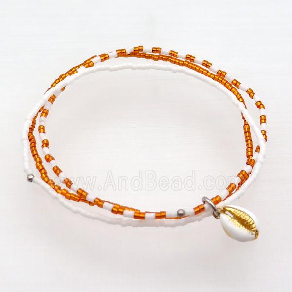 Seed Glass Bracelet 3 Strands Conch Shell Stretchy