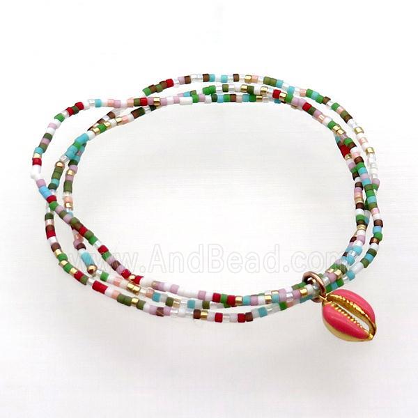Seed Glass Bracelet 3 Strands Conch Shell Stretchy