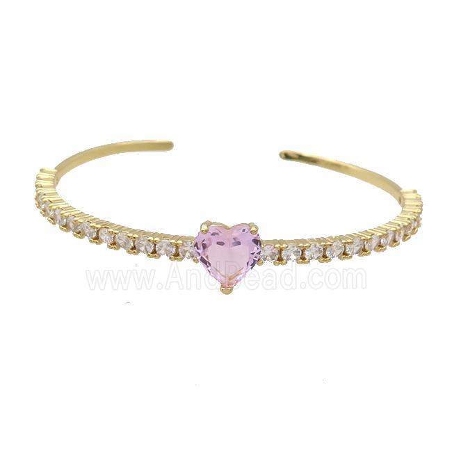 Copper Bangle Pave Zircon Pink Crystal Glass Heart Gold Plated