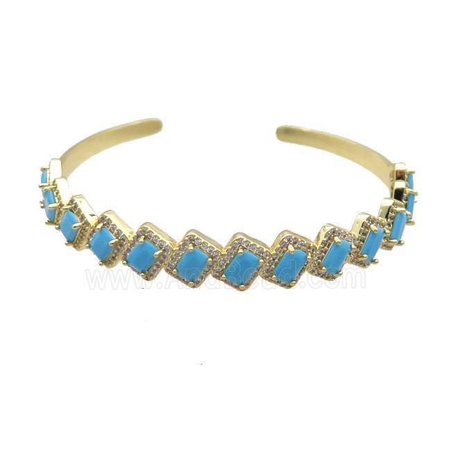 Copper Bangle Pave Zircon Turq Crystal Glass Rectangle Gold Plated