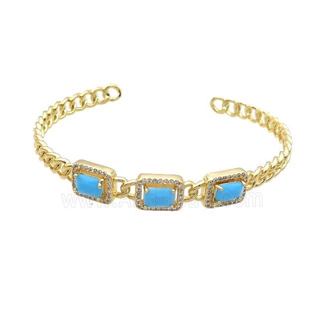 Copper Bangle Pave Zircon Turq Crystal Glass Rectangle Gold Plated