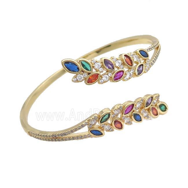 Copper Bangle Pave Multicolor Zircon Leaf Gold Plated