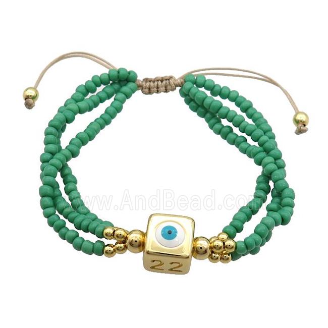 Seed Glass Bracelet Green Copper Evil Eye Adjustable