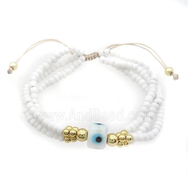 Seed Glass Bracelet White Lampwork Evil Eye Adjustable