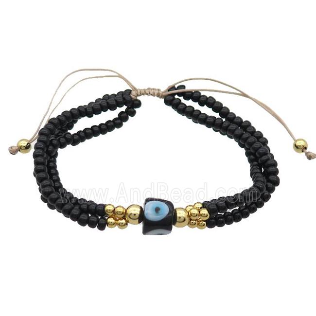 Seed Glass Bracelet Black Lampwork Evil Eye Adjustable