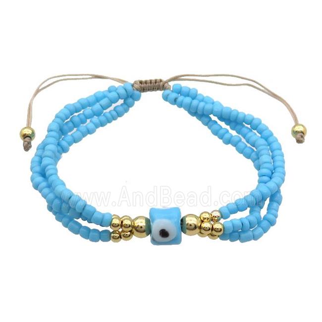Seed Glass Bracelet Blue Lampwork Evil Eye Adjustable