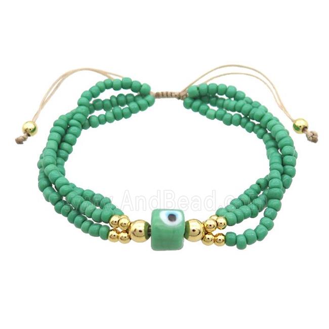 Seed Glass Bracelet Green Lampwork Evil Eye Adjustable