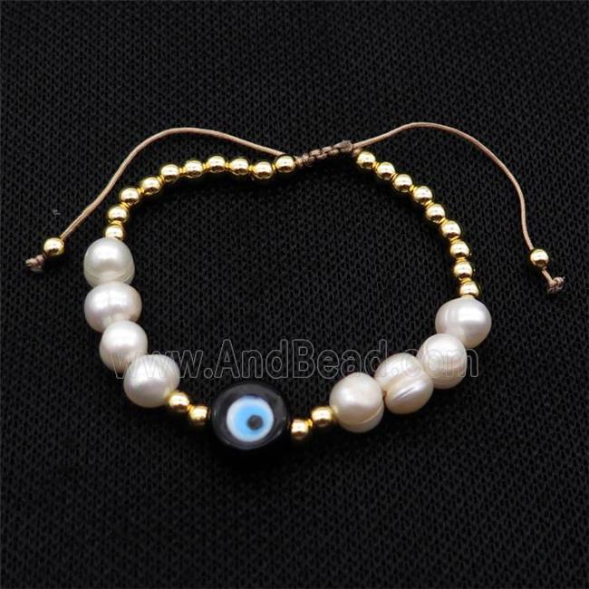 Pearl Bracelet With Lampwork Evil Eye Copper Adjustable