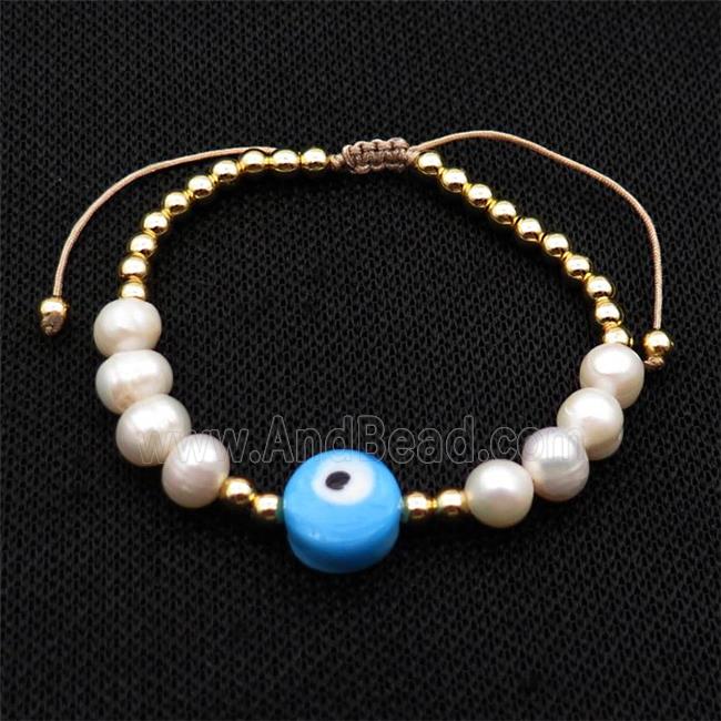 Pearl Bracelet With Lampwork Evil Eye Copper Adjustable