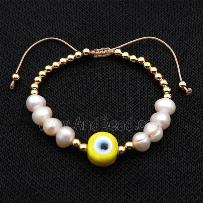 Pearl Bracelet With Lampwork Evil Eye Copper Adjustable