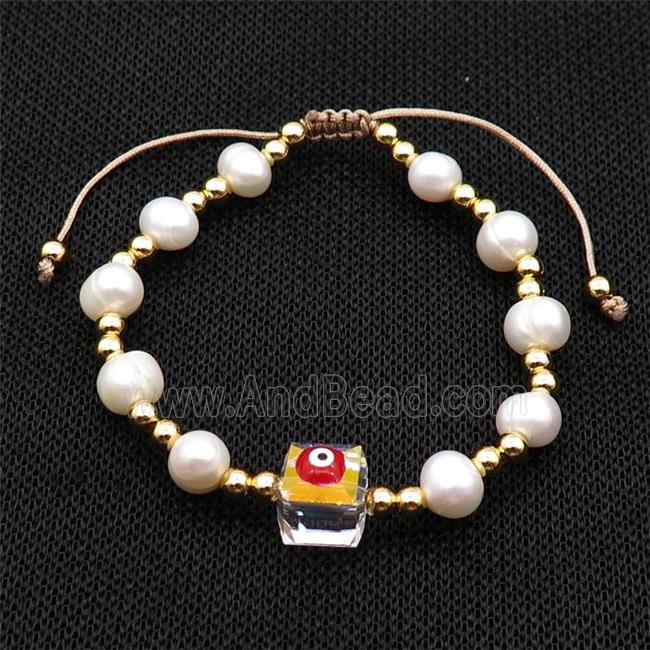 Pearl Bracelet With Evil Eye Copper Adjustable