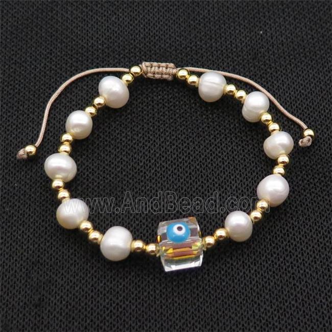 Pearl Bracelet With Evil Eye Copper Adjustable