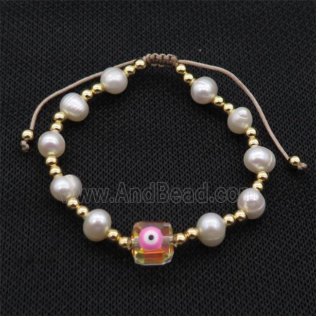 Pearl Bracelet With Evil Eye Copper Adjustable