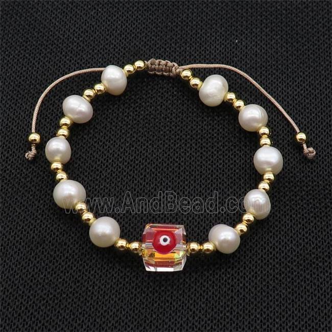 Pearl Bracelet With Evil Eye Copper Adjustable