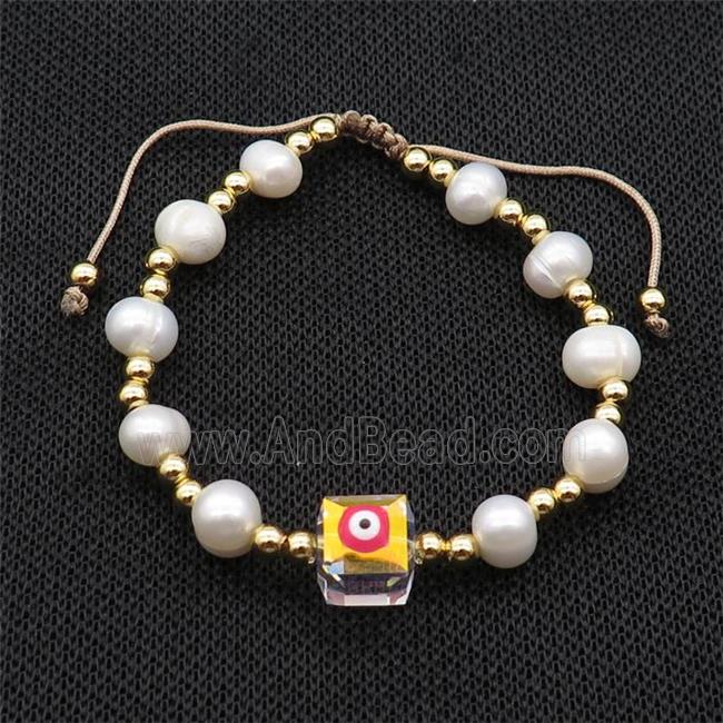 Pearl Bracelet With Evil Eye Copper Adjustable