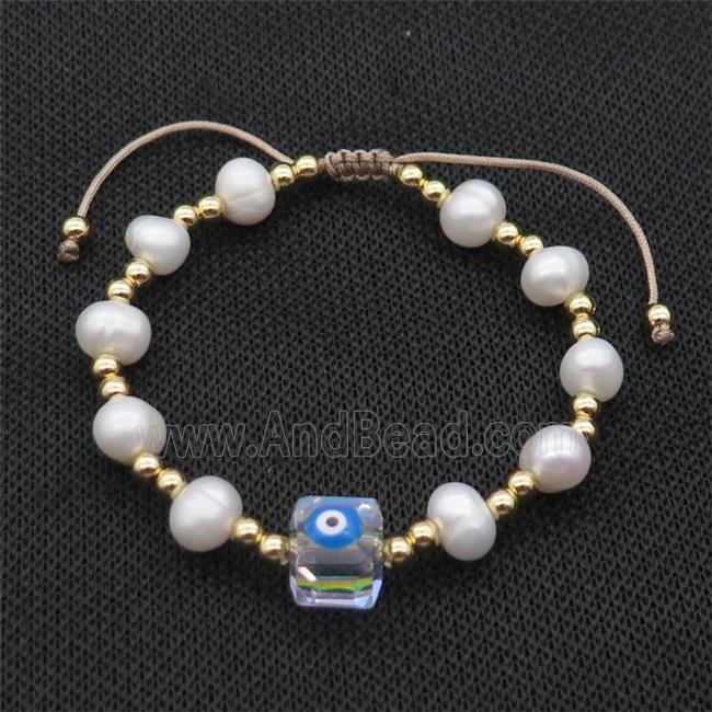 Pearl Bracelet With Evil Eye Copper Adjustable