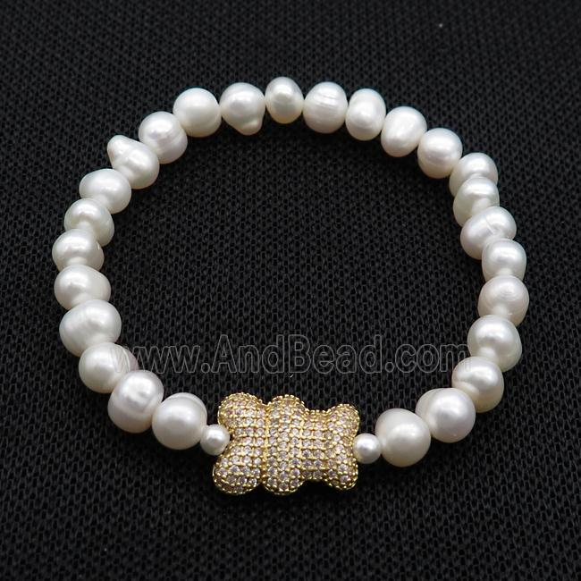 White Pearl Bracelet Bear Pave Zircon Stretchy