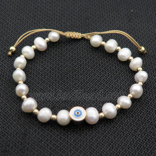 White Pearl Bracelet Evil Eye Adjustable