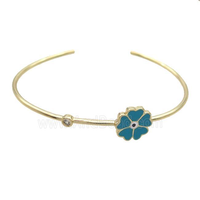 Copper Bangle Teal Enamel Flower Gold Plated