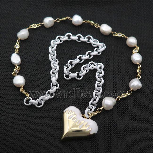 Copper Necklace White Lacquered Heart Pearl Gold Plated