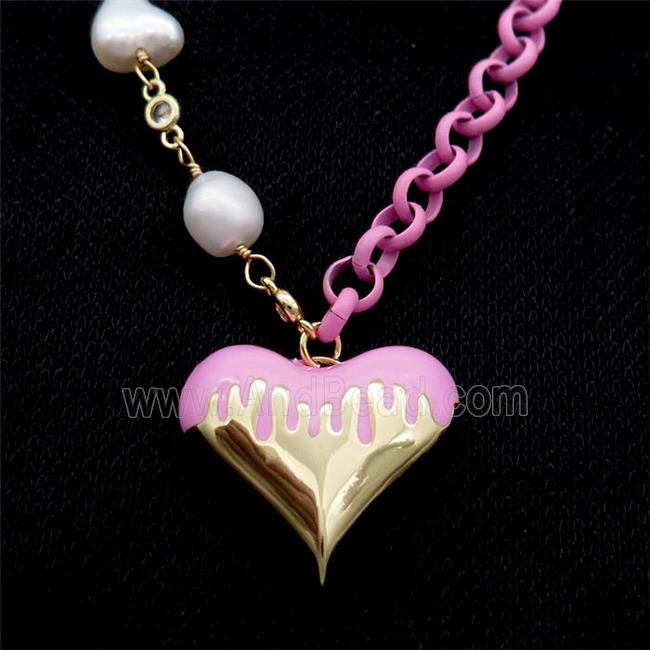 Copper Necklace Pink Lacquered Heart Pearl Gold Plated