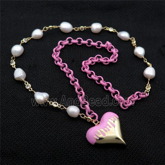 Copper Necklace Pink Lacquered Heart Pearl Gold Plated