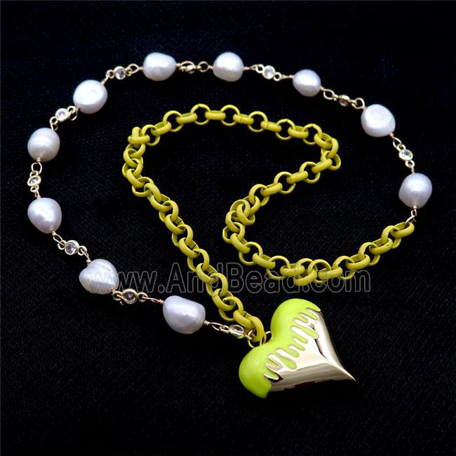 Copper Necklace Olive Lacquered Heart Pearl Gold Plated