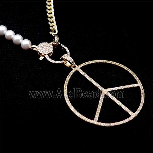 Copper Necklace Peace Sign Pave Zircon Pearlized Glass Gold Plated