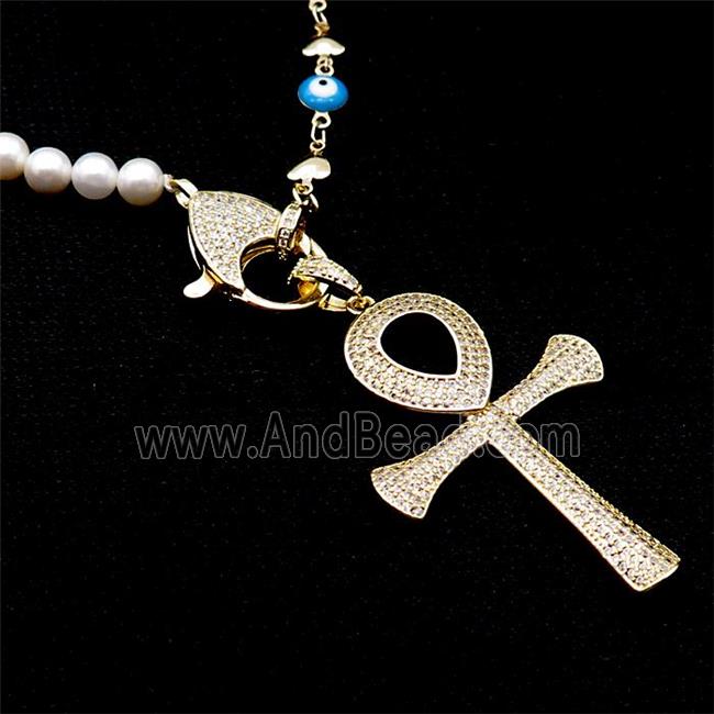 Copper Necklace Cross Pave Zircon Pearlized Glass Gold Plated