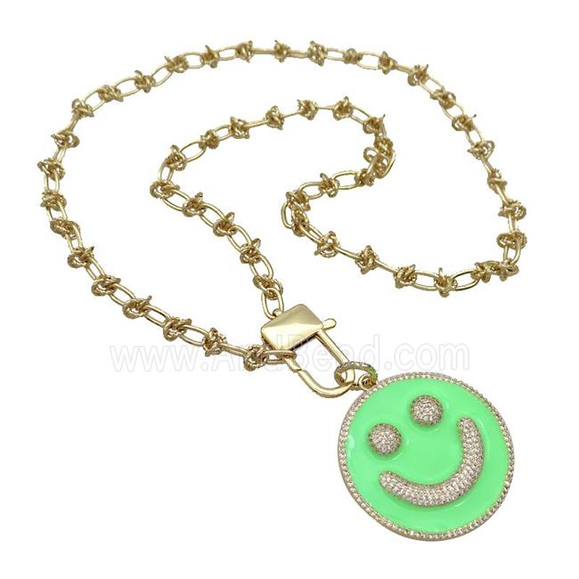 Copper Necklace Emoji Pave Zircon Green Enamel Happyface Gold Plated