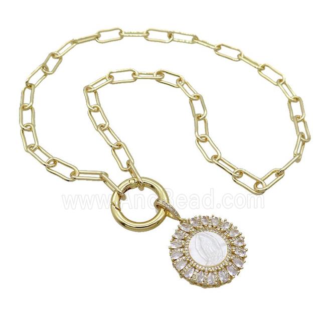 Copper Necklace Circle Pave Zircon VirginMary Shell Gold Plated