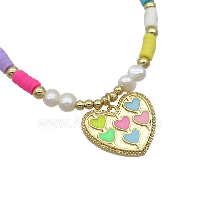 Copper Necklace Heart Multicolor Enamel Clay Pearl Gold Plated