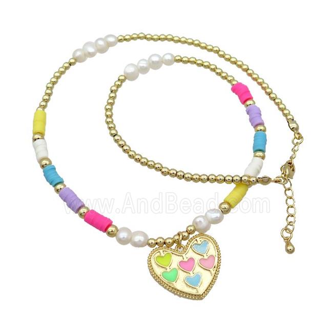 Copper Necklace Heart Multicolor Enamel Clay Pearl Gold Plated