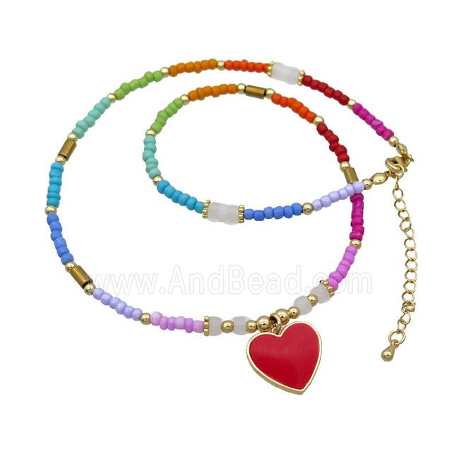 Seed Glass Necklace Red Enamel Heart Clay