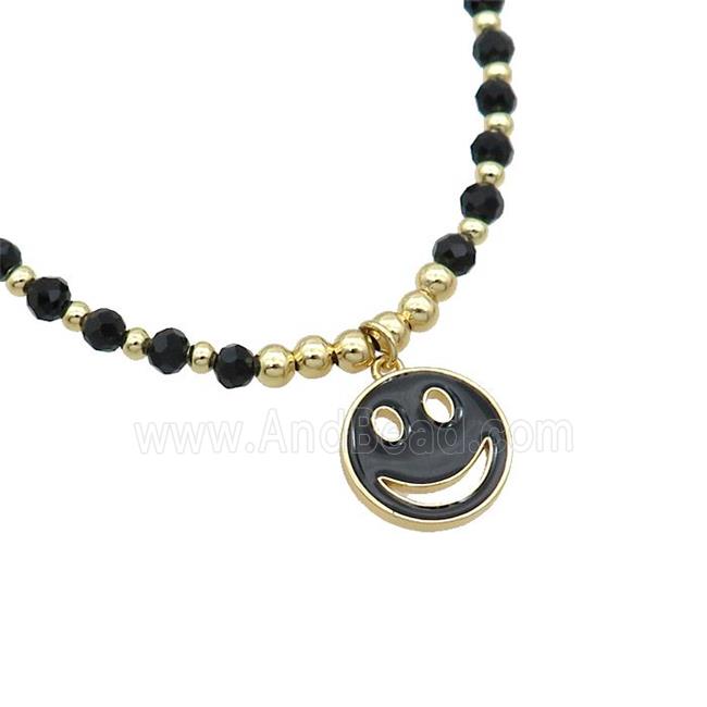 Black Crystal Glass Copper Necklace Black Enamel Emoji Gold Plated