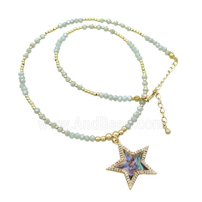 Green Crystal Glass Necklace Abalone Shell Star Gold Plated
