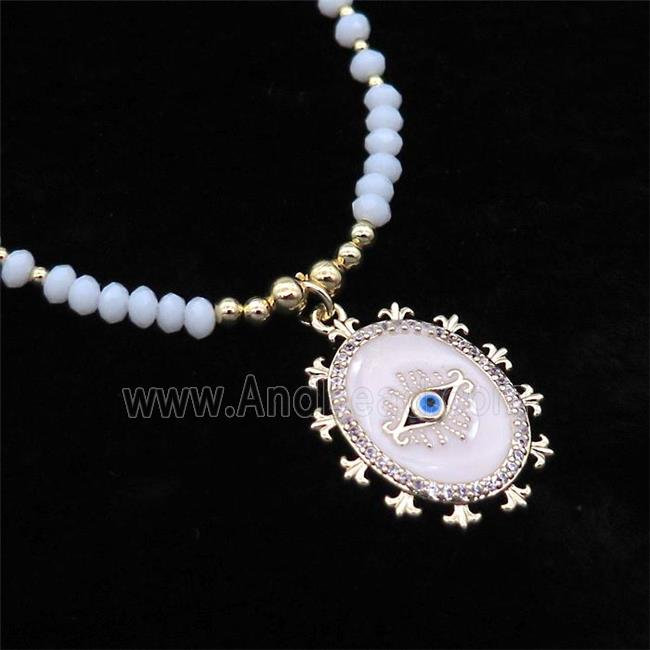 White Crystal Glass Necklace White Enamel Eye Gold Plated