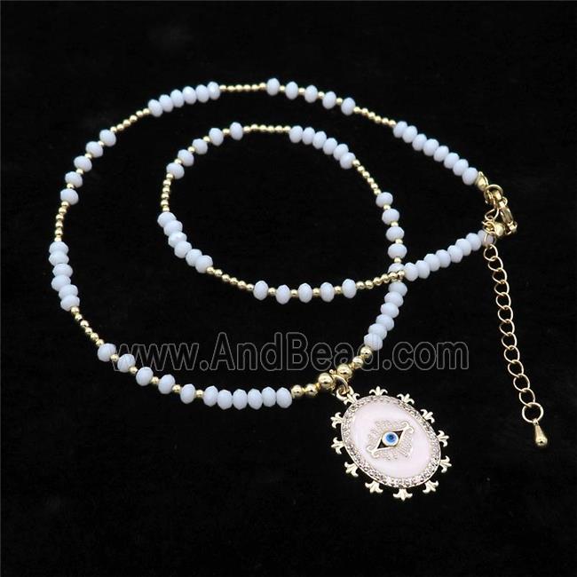 White Crystal Glass Necklace White Enamel Eye Gold Plated