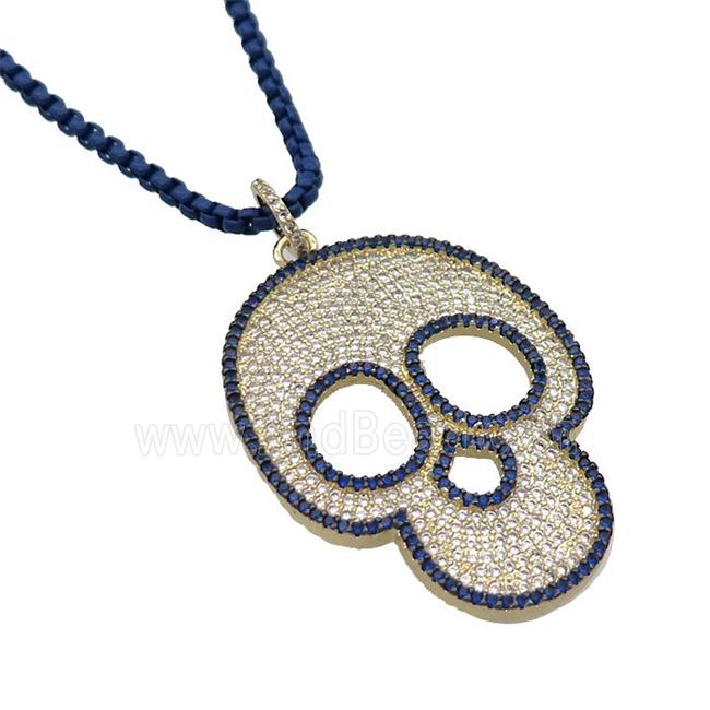 Darkblue Lacquered Copper Necklace Skull Pave Zircon Gold Plated