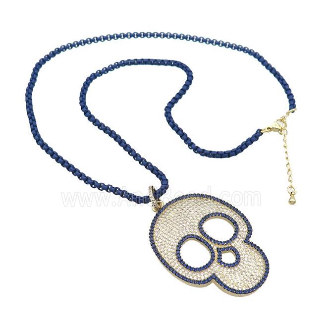 Darkblue Lacquered Copper Necklace Skull Pave Zircon Gold Plated