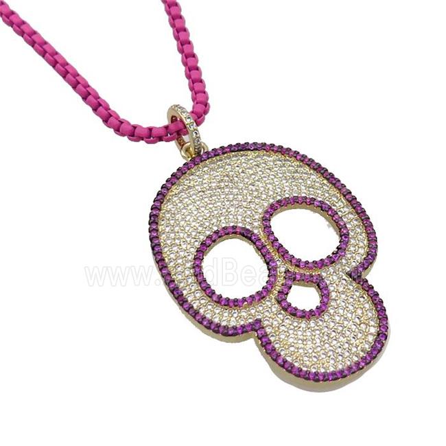 Hotpink Lacquered Copper Necklace Skull Pave Zircon Gold Plated