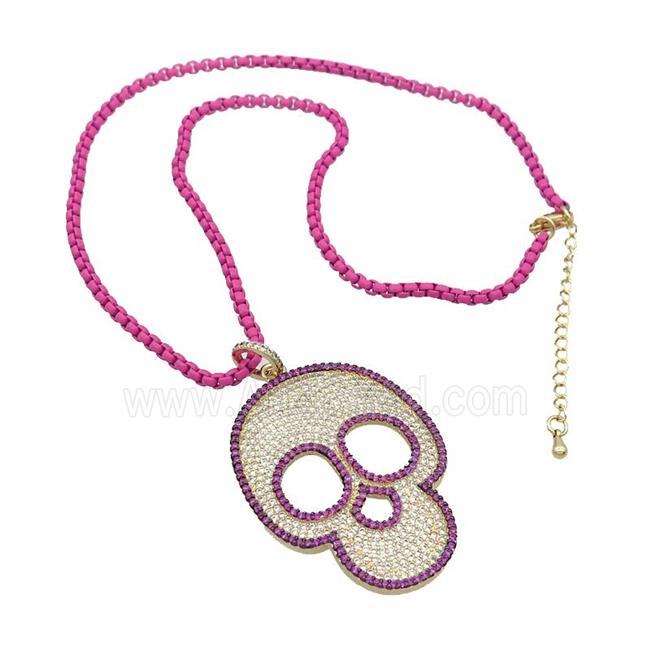 Hotpink Lacquered Copper Necklace Skull Pave Zircon Gold Plated