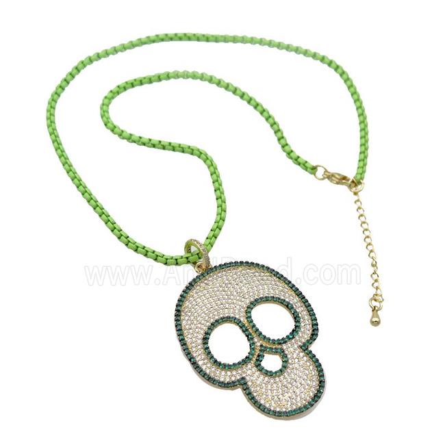 Olive Lacquered Copper Necklace Skull Pave Zircon Gold Plated