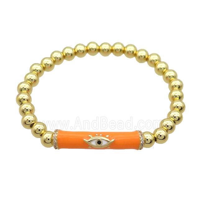 Copper Bracelet Orange Enamel Evil Eye Pave Zircon Stretchy Gold Plated