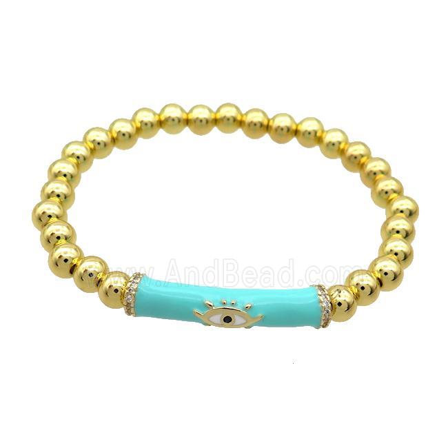 Copper Bracelet Green Enamel Evil Eye Pave Zircon Stretchy Gold Plated