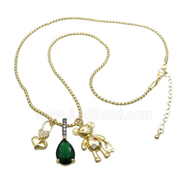 Copper Necklace LockHeart Bear Pave Zircon Crystal Glass Gold Plated